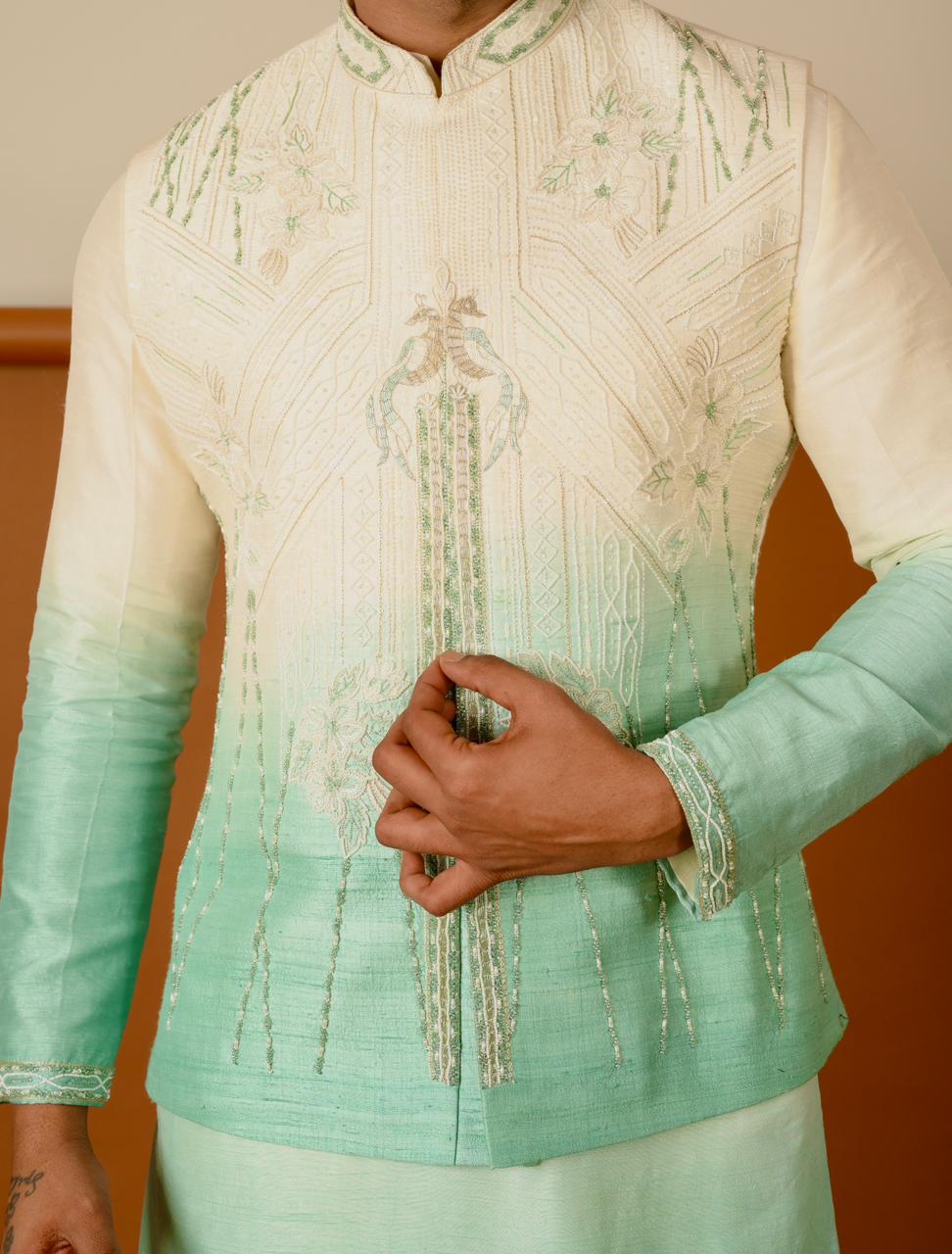 Ombre Green and White Plain Kurta and Bundi with Pants