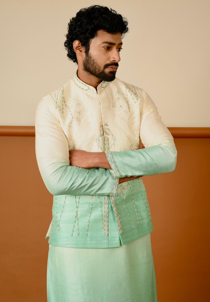 Ombre Green and White Plain Kurta and Bundi with Pants