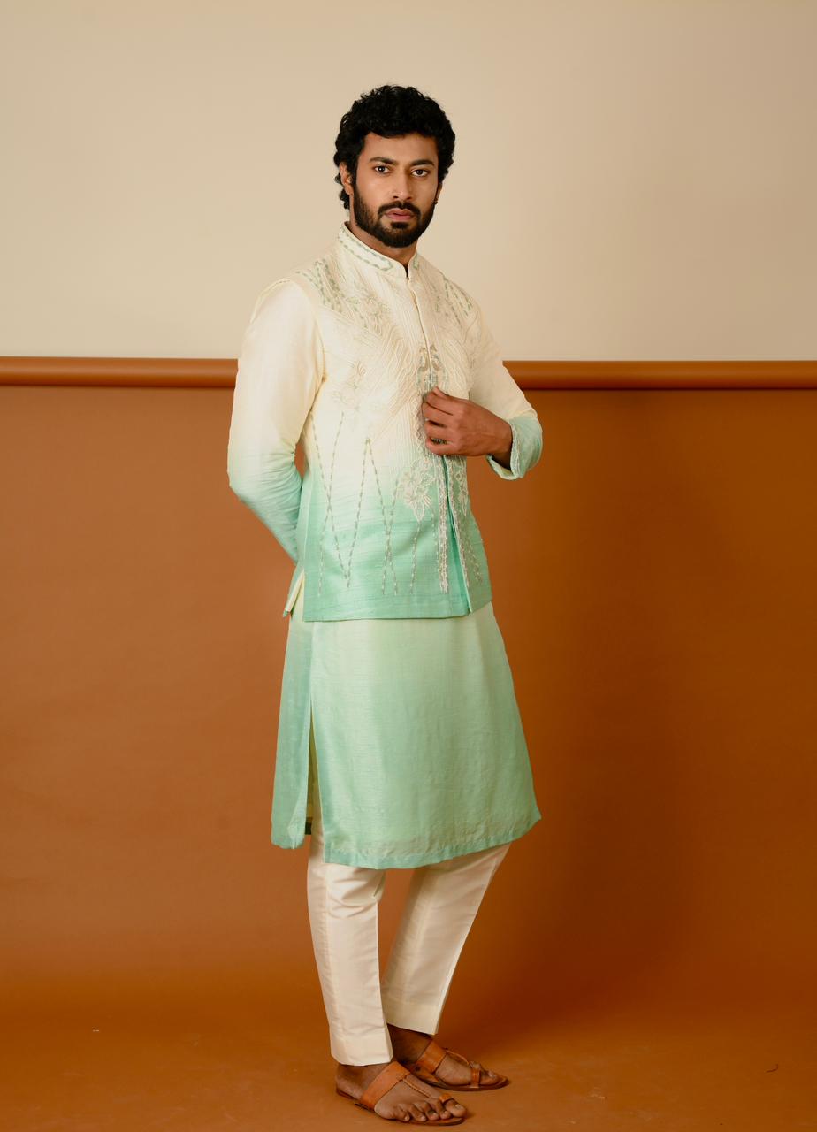 Ombre Green and White Plain Kurta and Bundi with Pants