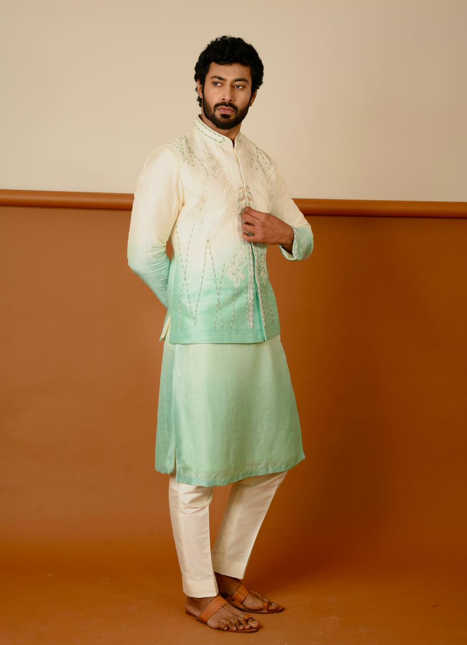 Ombre Green and White Plain Kurta and Bundi with Pants