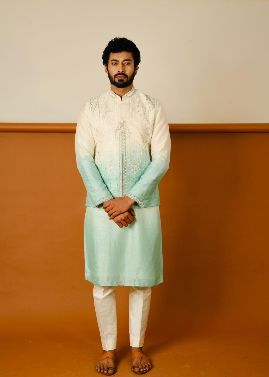 Ombre Green and White Plain Kurta and Bundi with Pants