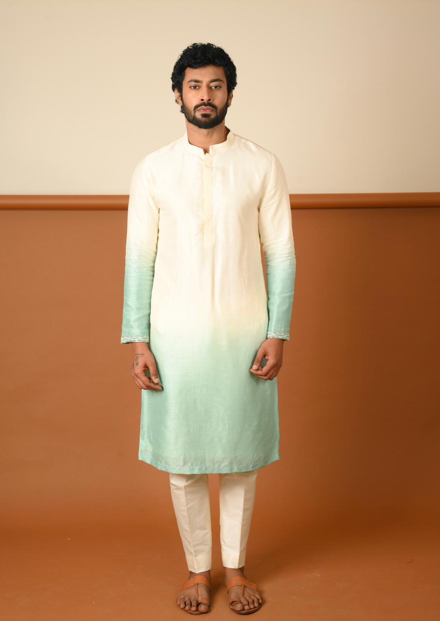 Ombre Green and White Plain Kurta and Bundi with Pants