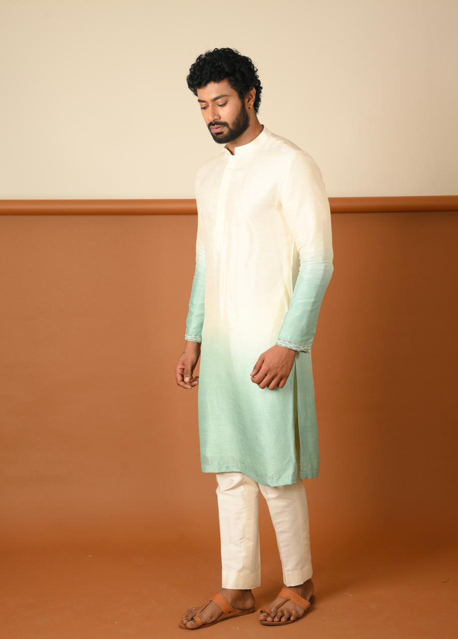Ombre Green and White Plain Kurta and Bundi with Pants