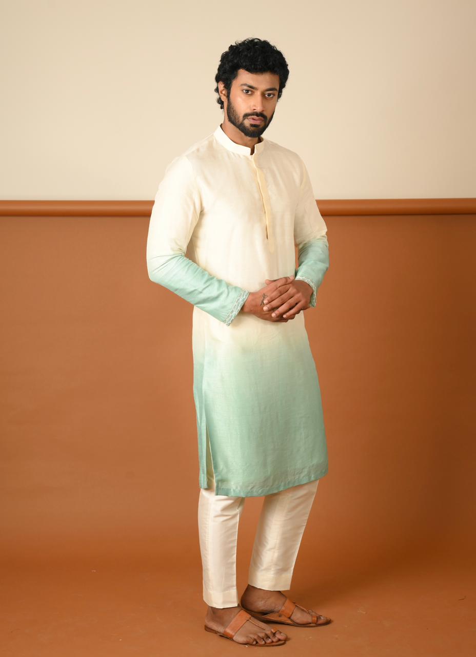 Ombre Green and White Plain Kurta and Bundi with Pants