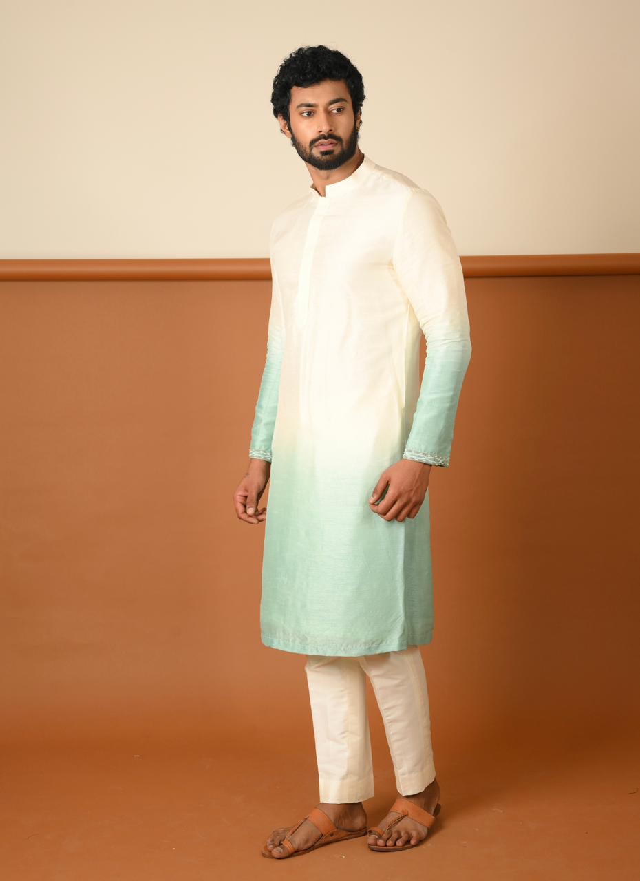 Ombre Green and White Plain Kurta and Bundi with Pants